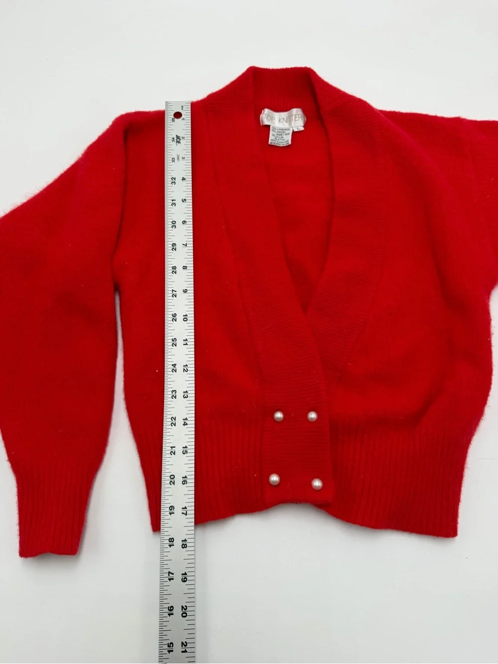 Vintage Top Knitters Kids L Red Lambswool Angora Cardigan Sweater Preppy Pearl